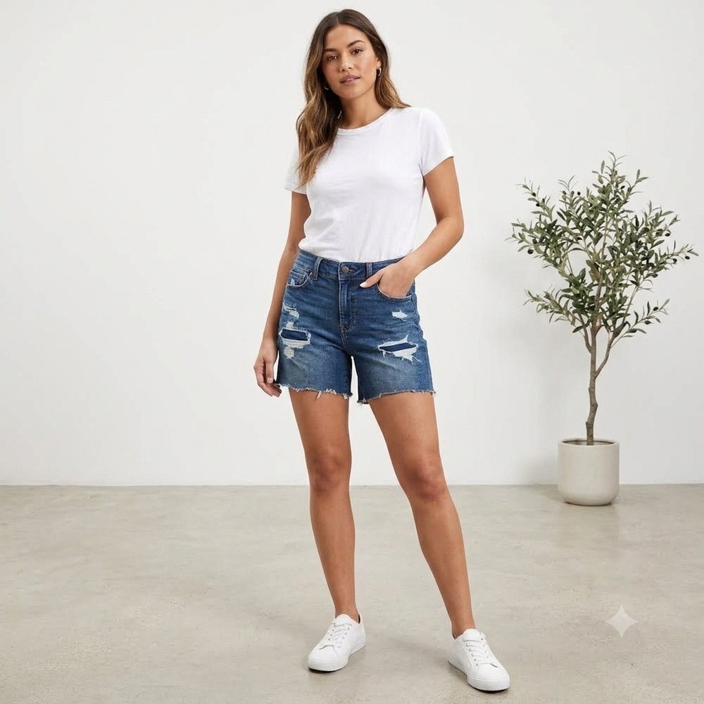 American Eagle Denim Shorts Women 4 Blue Distressed Midi Next Level Stretch
